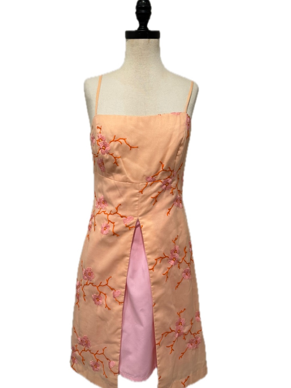 Y2K Vintage Tocca Embroidered Spaghetti-Strap Dress with Cherry Blossoms